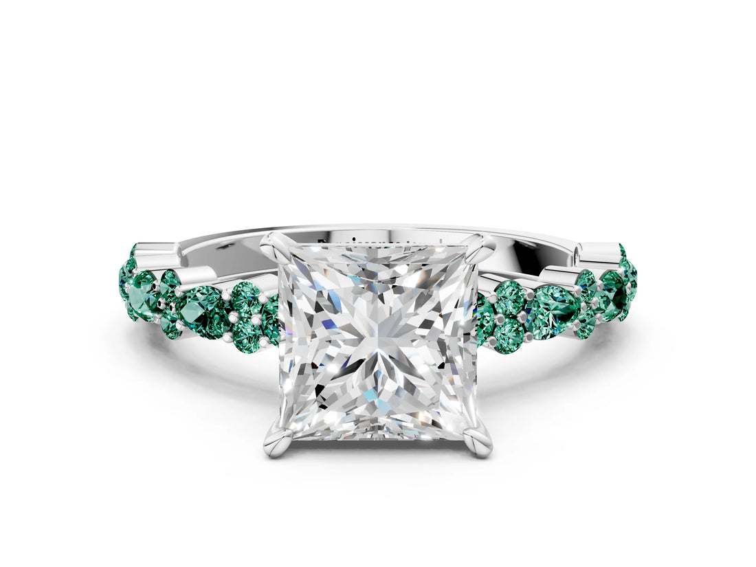 White gold Princess Cut Diamond Side Stone Solitaire Ring with Round with Green Sapphire side stone and Four-Prong Setting