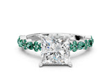 White gold Princess Cut Diamond Side Stone Solitaire Ring with Round with Green Sapphire side stone and Four-Prong Setting