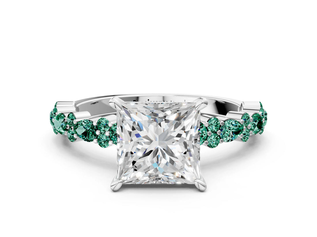 White gold Princess Cut Diamond Side Stone Solitaire Ring with Round with Green Sapphire side stone and Four-Prong Setting