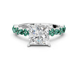 White gold Princess Cut Diamond Side Stone Solitaire Ring with Round with Green Sapphire side stone and Four-Prong Setting