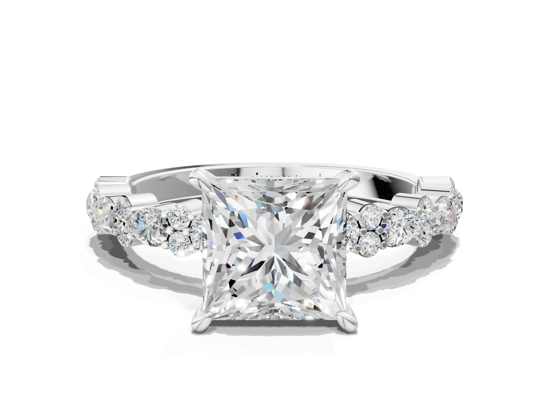 White gold Princess Cut Diamond Side Stone Solitaire Ring with Round with Moissanite side stone and Four-Prong Setting