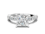 White gold Princess Cut Diamond Side Stone Solitaire Ring with Round with Moissanite side stone and Four-Prong Setting