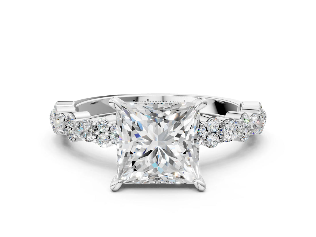 White gold Princess Cut Diamond Side Stone Solitaire Ring with Round with Moissanite side stone and Four-Prong Setting_12