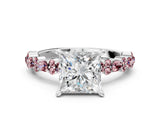 White gold Princess Cut Diamond Side Stone Solitaire Ring with Round with Morganite side stone and Four-Prong Setting