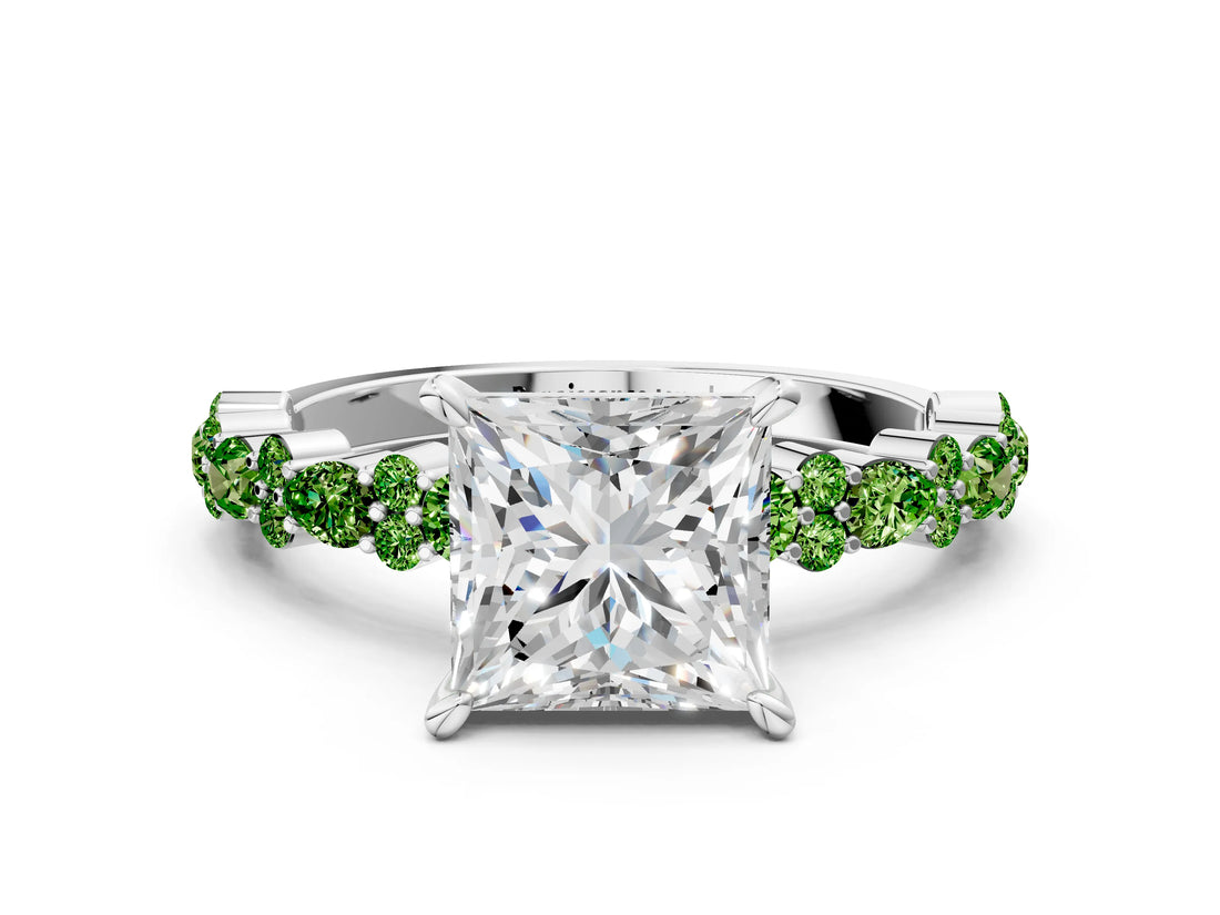 White gold Princess Cut Diamond Side Stone Solitaire Ring with Round with Peridot side stone and Four-Prong Setting_12