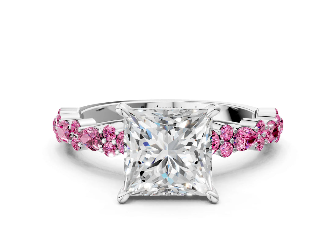 White gold Princess Cut Diamond Side Stone Solitaire Ring with Round with Pink Sapphire side stone and Four-Prong Setting