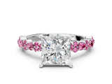 White gold Princess Cut Diamond Side Stone Solitaire Ring with Round with Pink Sapphire side stone and Four-Prong Setting