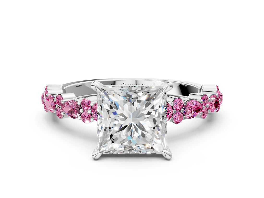 White gold Princess Cut Diamond Side Stone Solitaire Ring with Round with Pink Sapphire side stone and Four-Prong Setting