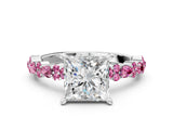 White gold Princess Cut Diamond Side Stone Solitaire Ring with Round with Pink Sapphire side stone and Four-Prong Setting