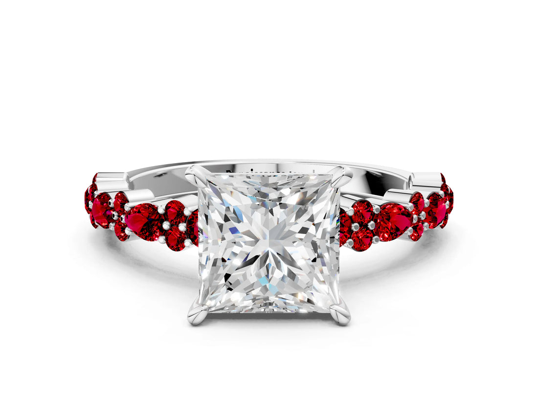 White gold Princess Cut Diamond Side Stone Solitaire Ring with Round with Ruby side stone and Four-Prong Setting