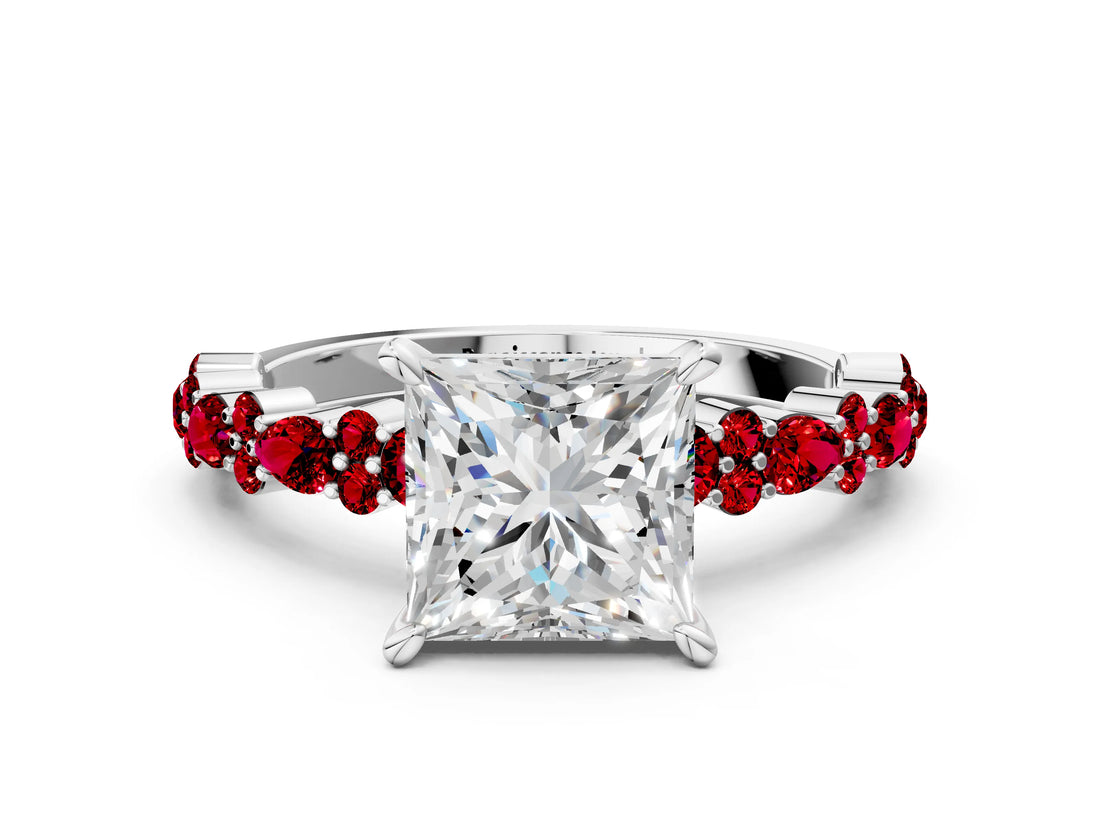White gold Princess Cut Diamond Side Stone Solitaire Ring with Round with Ruby side stone and Four-Prong Setting_12