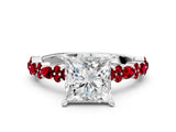 White gold Princess Cut Diamond Side Stone Solitaire Ring with Round with Ruby side stone and Four-Prong Setting