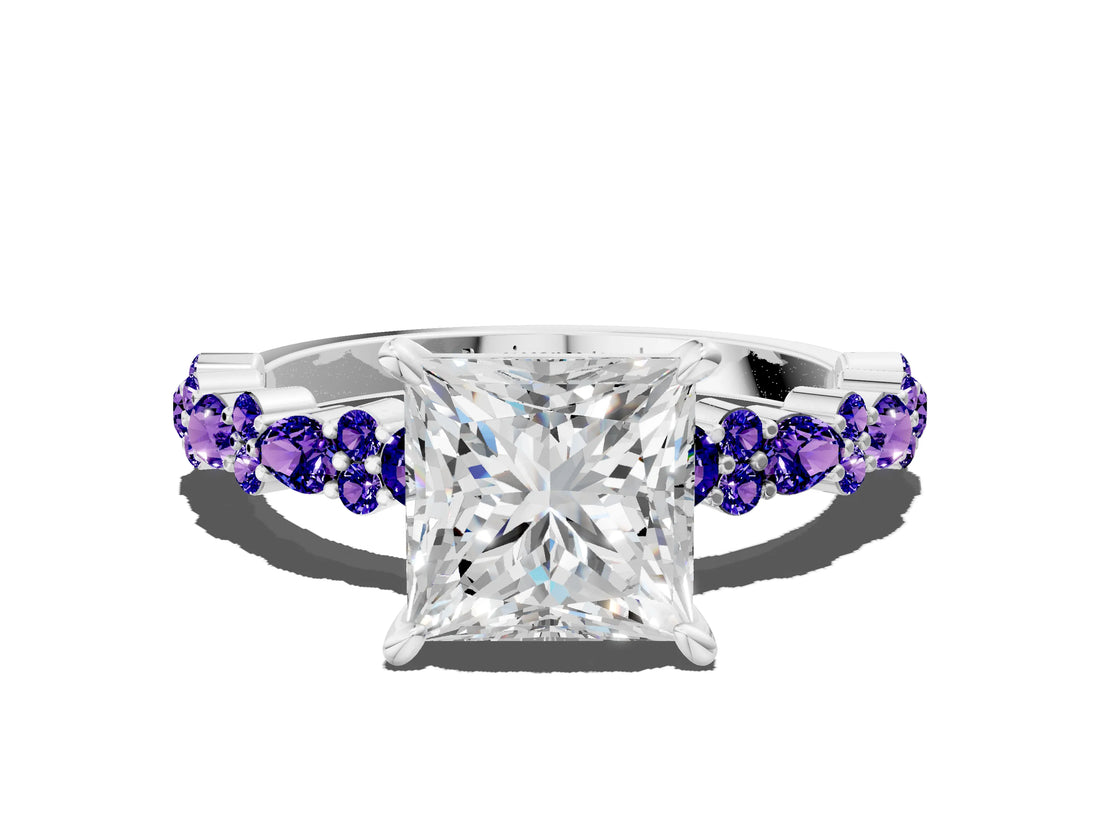 White gold Princess Cut Diamond Side Stone Solitaire Ring with Round with Tanzanite side stone and Four-Prong Setting