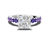 White gold Princess Cut Diamond Side Stone Solitaire Ring with Round with Tanzanite side stone and Four-Prong Setting