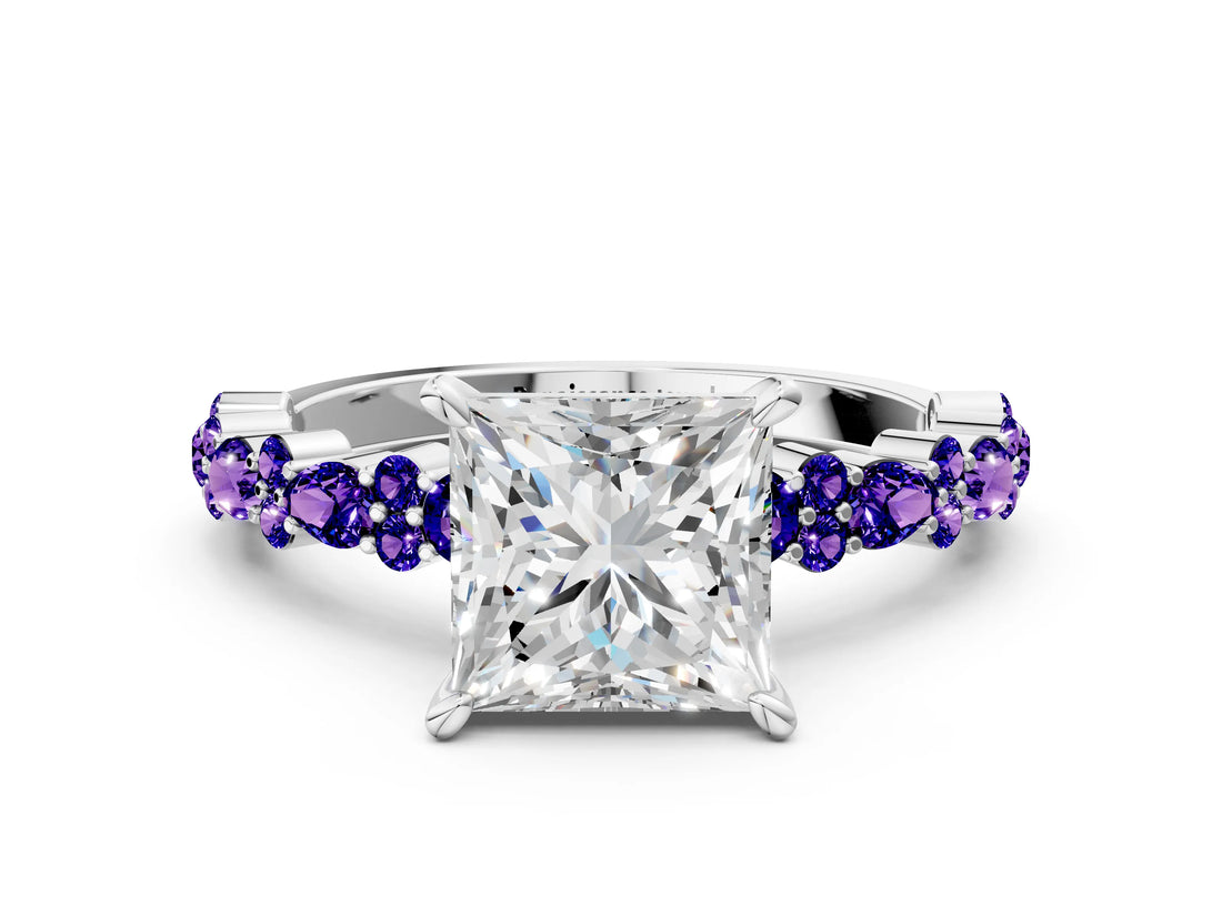 White gold Princess Cut Diamond Side Stone Solitaire Ring with Round with Tanzanite side stone and Four-Prong Setting_8