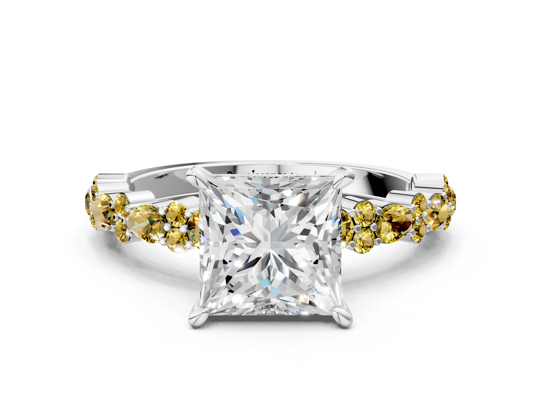 White gold Princess Cut Diamond Side Stone Solitaire Ring with Round with Yellow Sapphire side stone and Four-Prong Setting