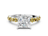White gold Princess Cut Diamond Side Stone Solitaire Ring with Round with Yellow Sapphire side stone and Four-Prong Setting