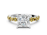 White gold Princess Cut Diamond Side Stone Solitaire Ring with Round with Yellow Sapphire side stone and Four-Prong Setting