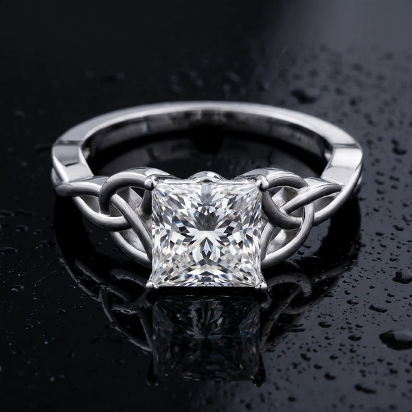 White gold Princess Cut Diamond Solitaire Engagement Ring with Celtic Knot Band and Four-Prong Setting