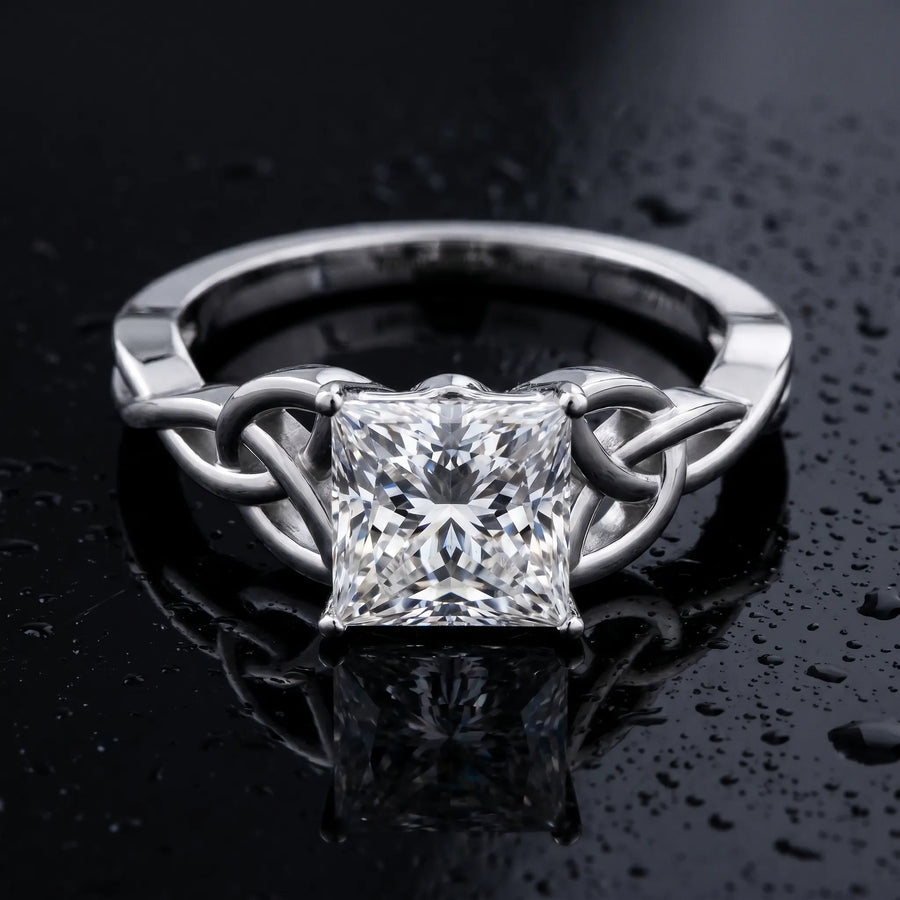 White gold Princess Cut Diamond Solitaire Engagement Ring with Celtic Knot Band and Four-Prong Setting
