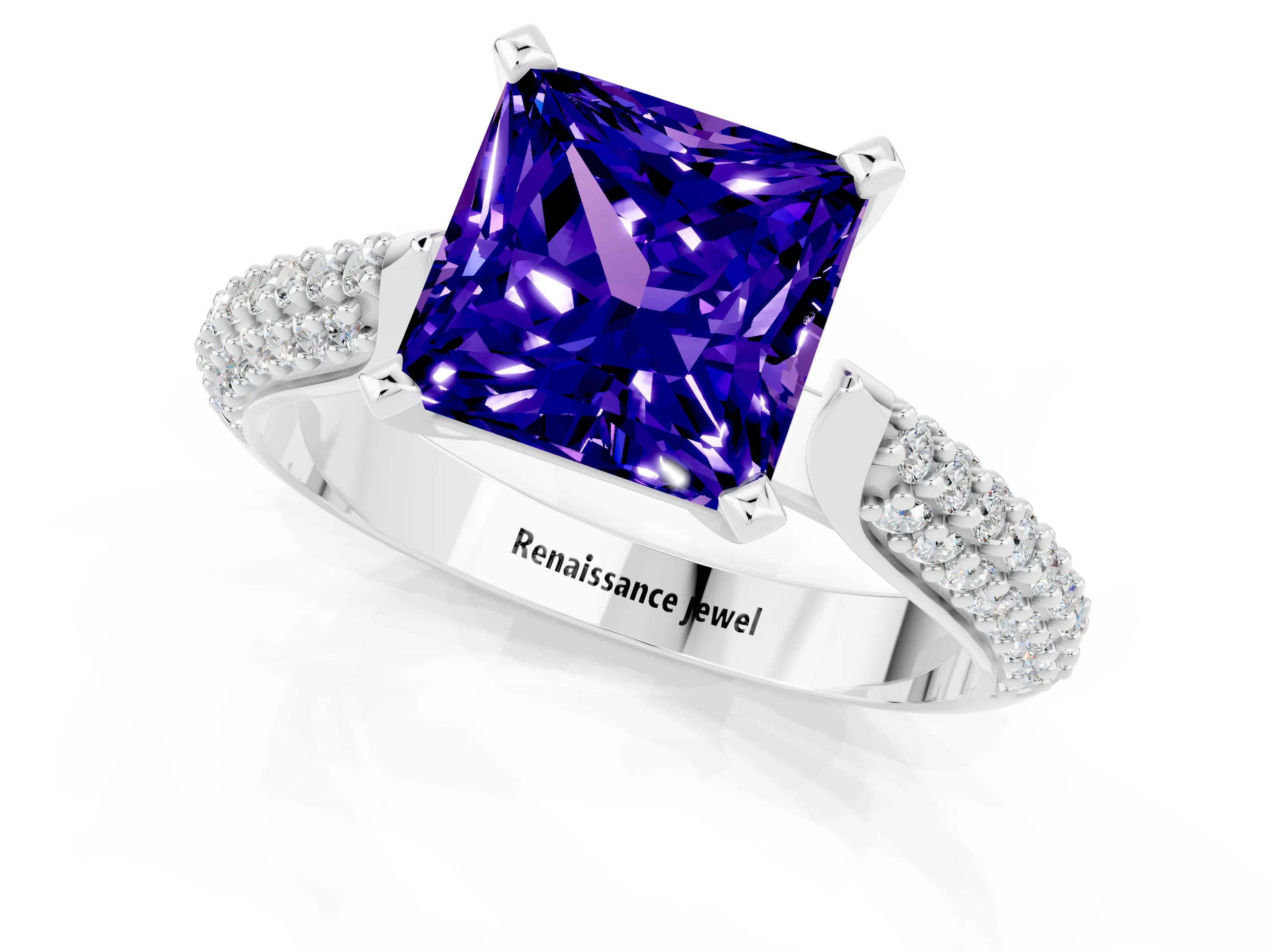 White gold Princess Cut Diamond Solitaire Engagement Ring with Pavé Band and Four-Prong Setting_1
