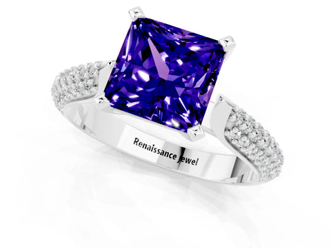 White gold Princess Cut Diamond Solitaire Engagement Ring with Pavé Band and Four-Prong Setting_1