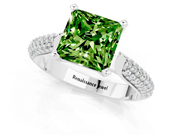Silver Princess Cut Diamond Solitaire Engagement Ring with Pavé Band and Four-Prong Setting