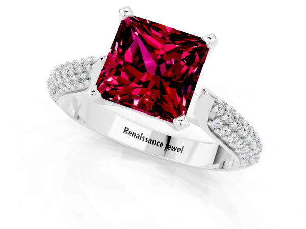 White gold Princess Cut Garnet Solitaire Engagement Ring with Multi-Row Round Pavé Band and Prong Setting