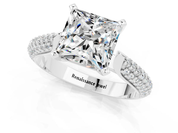 White gold Princess Cut Moissanite Solitaire Engagement Ring with Multi-Row Round Pavé Band and Prong Setting