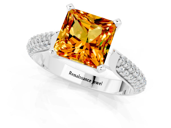 Platinum Princess Cut Citrine Solitaire Engagement Ring with Multi-Row Round Pavé Band and Prong Setting