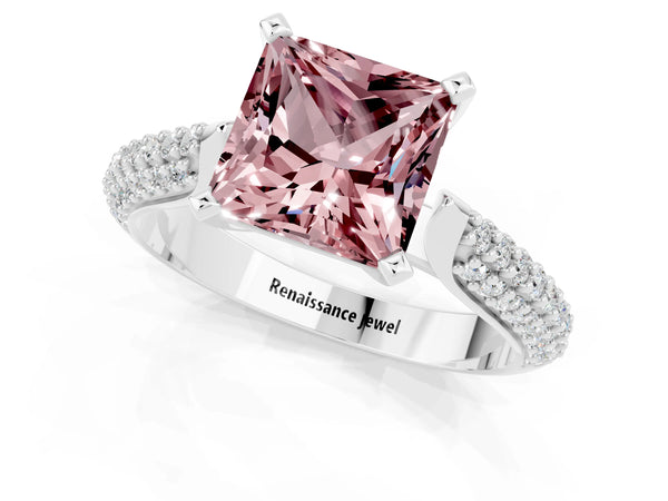 White gold Princess Cut Diamond Solitaire Engagement Ring with Pavé Band and Four-Prong Setting