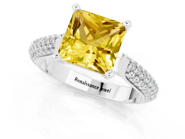 Platinum Princess Cut Yellow Sapphire Solitaire Engagement Ring with Multi-Row Round Pavé Band and Prong Setting