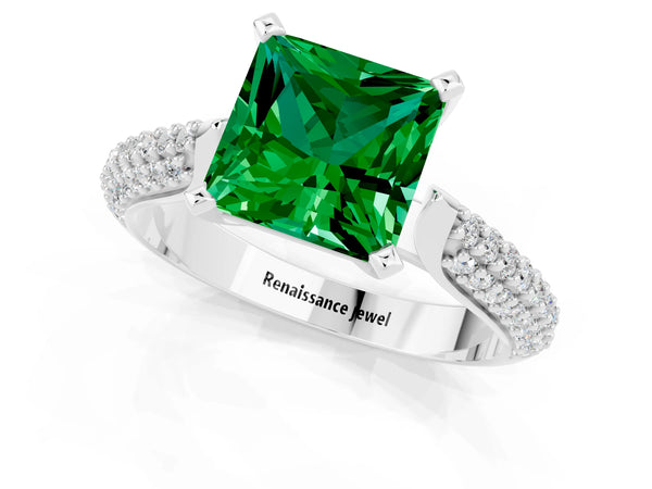 Silver Princess Cut Emerald Solitaire Engagement Ring with Multi-Row Round Pavé Band and Prong Setting