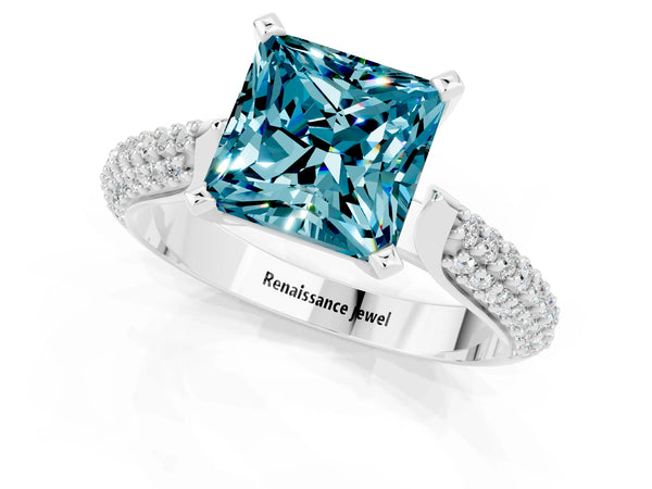 Silver Princess Cut Diamond Solitaire Engagement Ring with Pavé Band and Four-Prong Setting