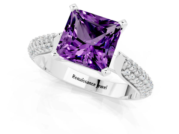 Platinum Princess Cut Amethyst Solitaire Engagement Ring with Multi-Row Round Pavé Band and Prong Setting