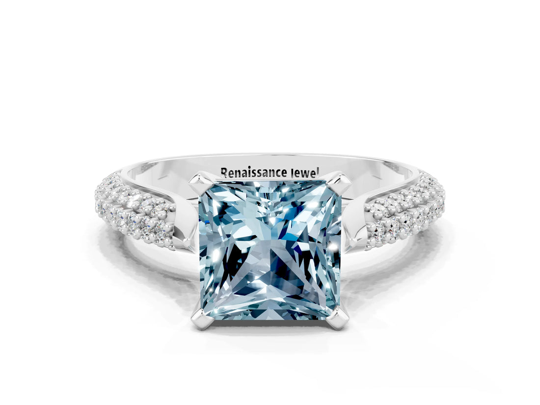 White gold Princess Cut Diamond Solitaire Engagement Ring with Pavé Band and Four-Prong Setting