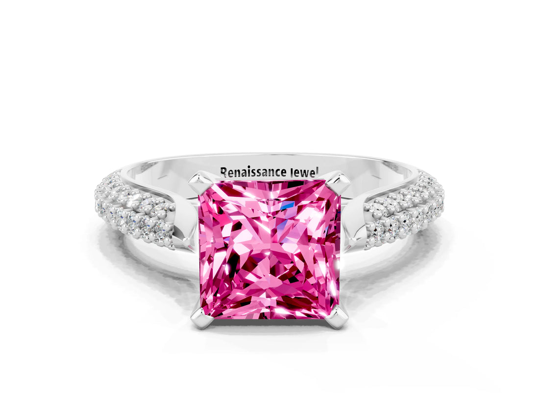 White gold Princess Cut Diamond Solitaire Engagement Ring with Pavé Band and Four-Prong Setting