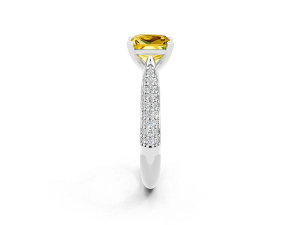 White gold Princess Cut Yellow Sapphire Solitaire Engagement Ring with Multi-Row Round Pavé Band and Prong Setting