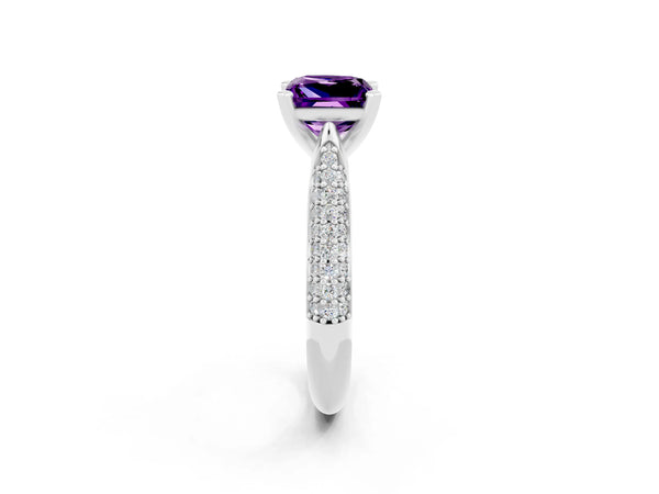 Platinum Princess Cut Amethyst Solitaire Engagement Ring with Multi-Row Round Pavé Band and Prong Setting