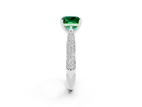 White gold Princess Cut Emerald Solitaire Engagement Ring with Multi-Row Round Pavé Band and Prong Setting