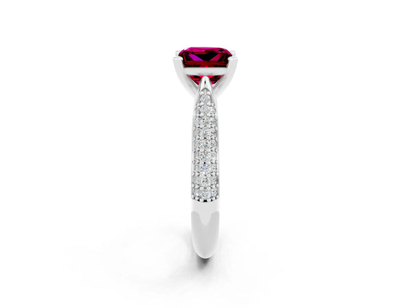 White gold Princess Cut Garnet Solitaire Engagement Ring with Multi-Row Round Pavé Band and Prong Setting