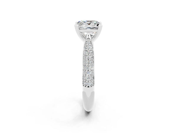 White gold Princess Cut Moissanite Solitaire Engagement Ring with Multi-Row Round Pavé Band and Prong Setting