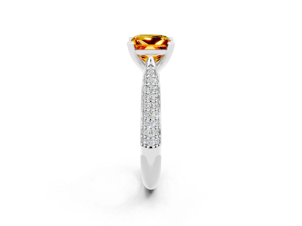 Silver Princess Cut Citrine Solitaire Engagement Ring with Multi-Row Round Pavé Band and Prong Setting