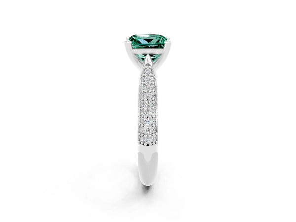 White gold Princess Cut Green Sapphire Solitaire Engagement Ring with Multi-Row Round Pavé Band and Prong Setting