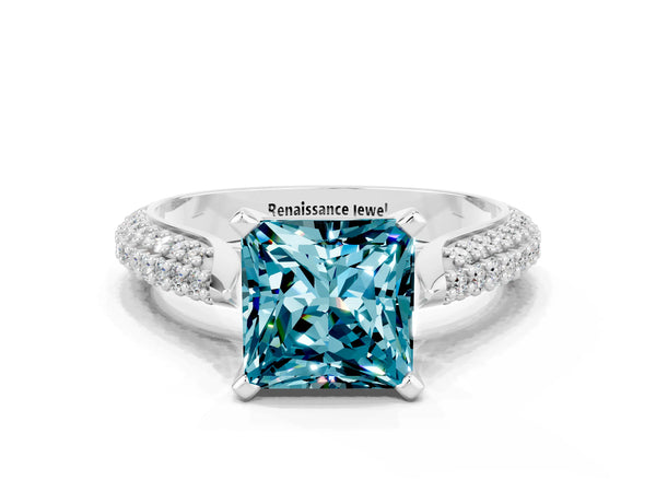Silver Princess Cut Diamond Solitaire Engagement Ring with Pavé Band and Four-Prong Setting