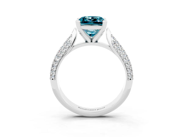 Silver Princess Cut Diamond Solitaire Engagement Ring with Pavé Band and Four-Prong Setting