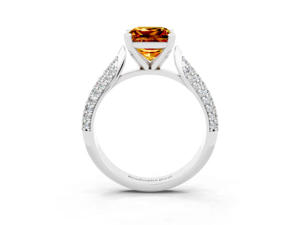 Platinum Princess Cut Citrine Solitaire Engagement Ring with Multi-Row Round Pavé Band and Prong Setting