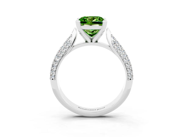 Silver Princess Cut Diamond Solitaire Engagement Ring with Pavé Band and Four-Prong Setting