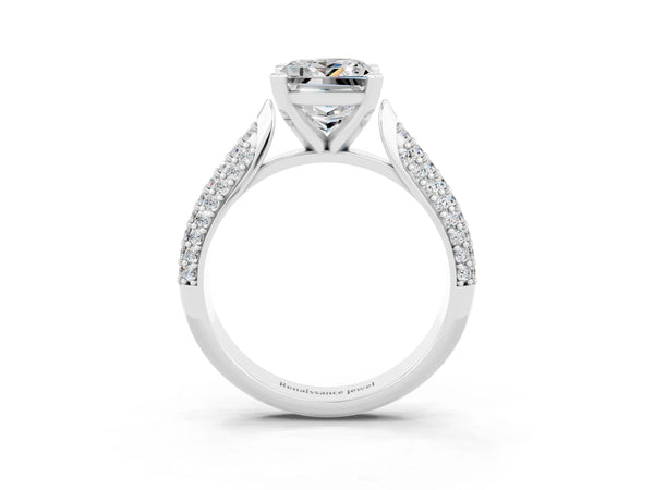 White gold Princess Cut Moissanite Solitaire Engagement Ring with Multi-Row Round Pavé Band and Prong Setting