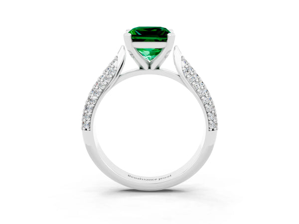 Silver Princess Cut Emerald Solitaire Engagement Ring with Multi-Row Round Pavé Band and Prong Setting